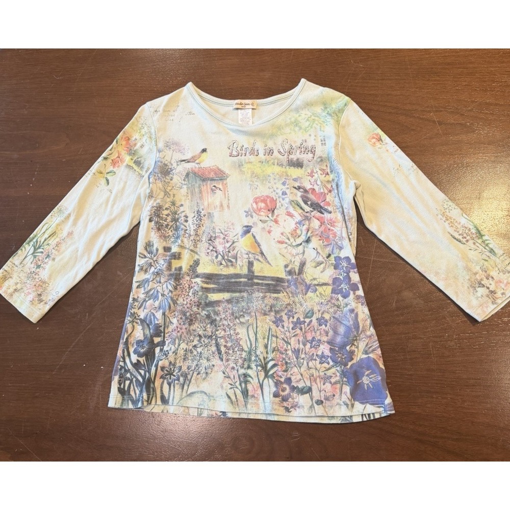 Studio Gem Birds In Spring Floral Birdhouse Rhinestone Long Sleeve Top Small